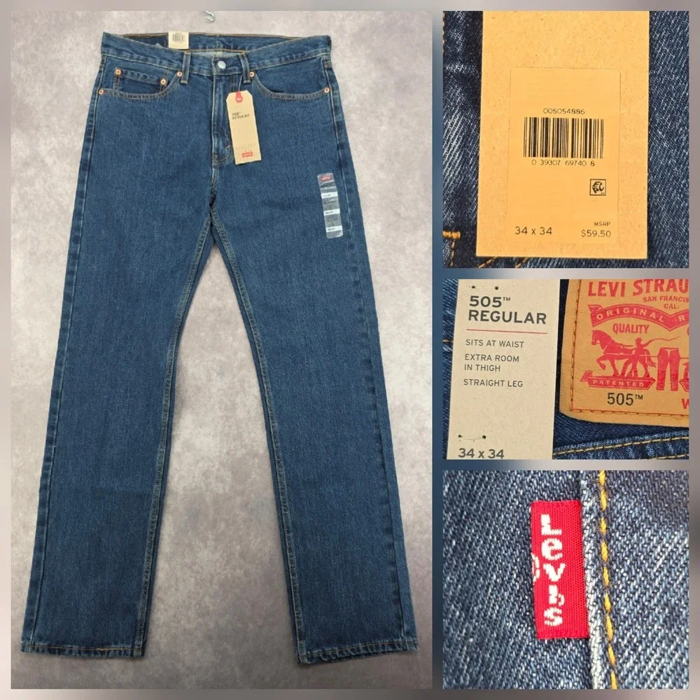 Levi's 505 Regular Fit Men's Jeans 34x34 Dark Stonewash Blue Straight Leg NWT